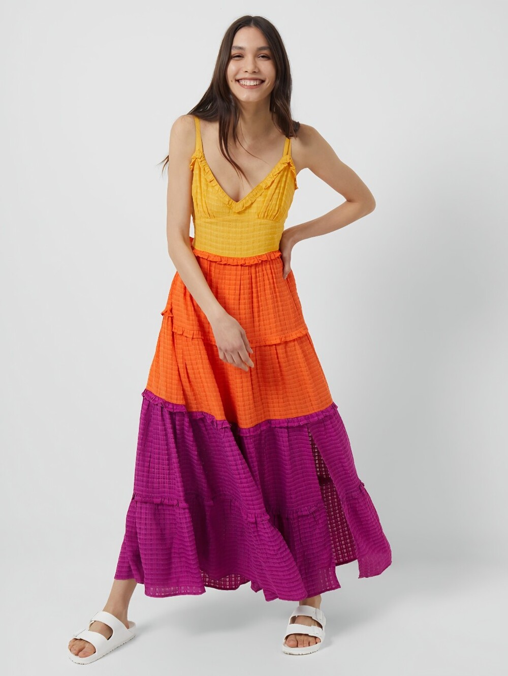French Connection Adira Birch Yellow, Orange & Purple Tiered Maxi Dress